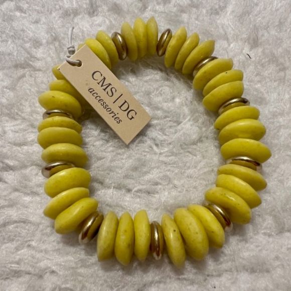 Yellow Beads Gold Tone Disc Spacer Elastic Bracelet NWT - Picture 2 of 7